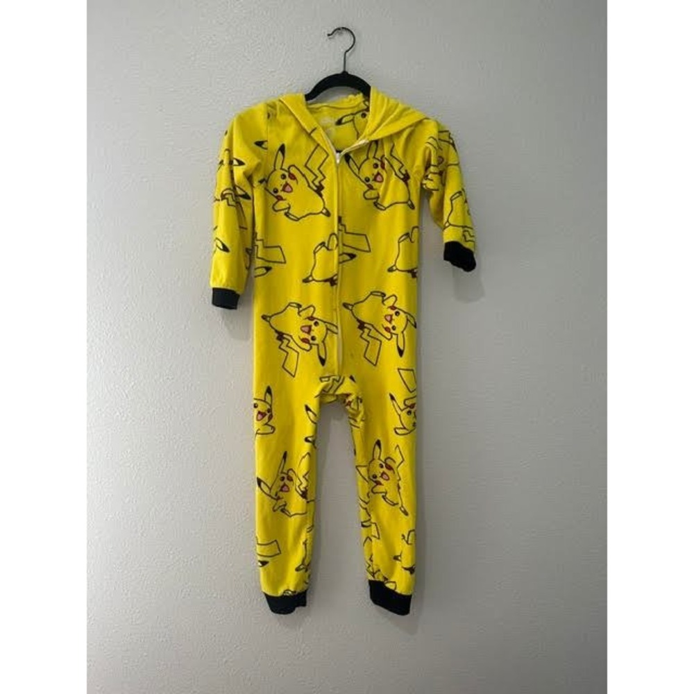 Pokemon Pikachu Hooded Fleece Union Suit Kids Size S 6/7 Yellow One Piece PJ